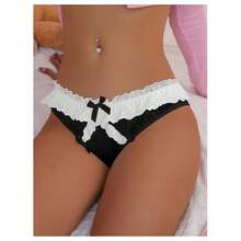 Women's Satin Bow Panty Lace Trim Low Rise Cute Bikini Underwear Silky Panty Brief - 黑色 - 查看 6