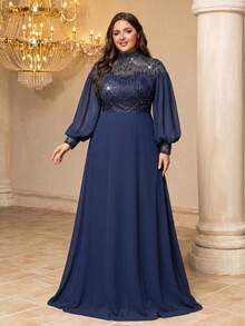 Đầm dạ hội nữ SUPGIR cổ đứng tay phồng đính sequin và vải chiffon. - Màu xanh hải quân - Xem 6