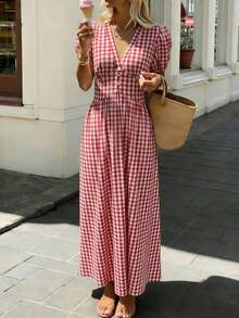 Vestido midi de corte evasé con cuello en V, mangas con volantes y cintura ceñida con estampado de cuadros para mujer - Multicolor - Ver 1