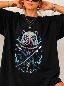 1 Piece 180g Camisera de Algodón para Mujer, Oversize Manga Corta Cuello Redondo con Estampado para el Diario y la Calle,designed by Y2K artists in the Bababask style - Negro 4 - Ver 6