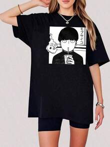 1 Piece 180g Camisera de Algodón para Mujer, Oversize Manga Corta Cuello Redondo con Estampado para el Diario y la Calle,designed by Y2K artists in the Bababask style - Negro 7 - Ver 6