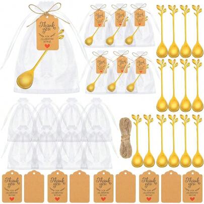 50 Sets Tea Spoon Party Favors Gold Tea Spoons Bulk Guest Include Leaf Dessert Teaspoon Stainless Steel With Thank You Labels Organza Bags Bridal Shower Party Wedding Souvenir