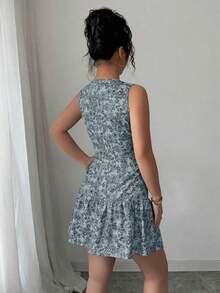Vestido mini con estampado floral elegante de estilo bohemio sin mangas con cinturón, adecuado para la temporada de graduación, festivales y uso de verano, primavera/verano - Azul - Ver 2