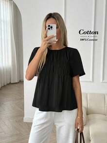 Camisa casual de mujer de unicolor, cuello redondo, manga corta y plisada - Negro - Ver 1