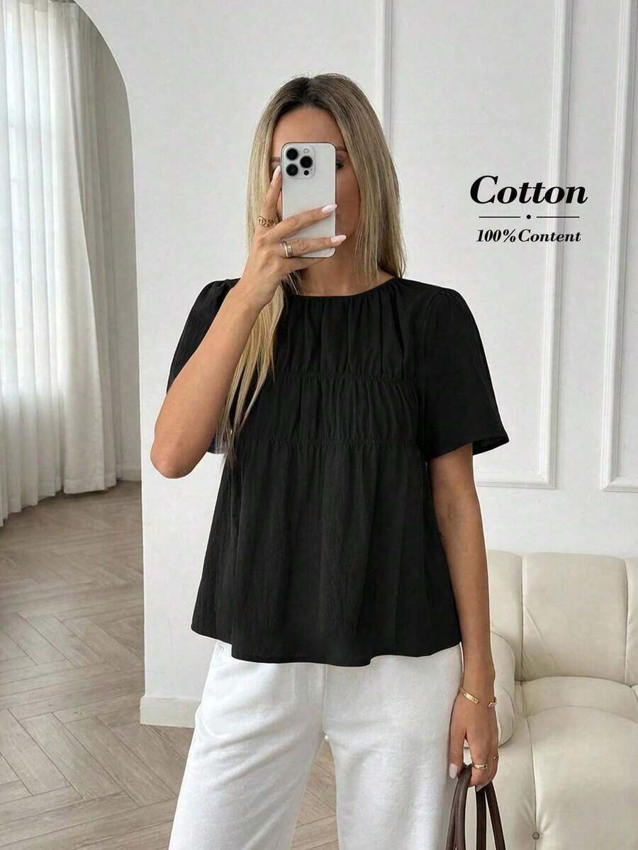 Camisa casual de mujer de unicolor, cuello redondo, manga corta y plisada - Negro - Ver 1