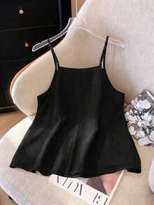 Blusa sin mangas de mujer con cuello plisado, decoración de botones de colores y diseño minimalista elegante de unicolor - Negro - Ver 2
