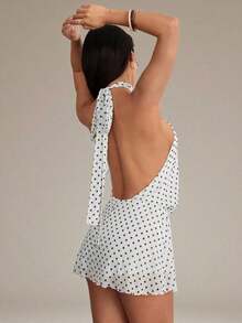 Vestido de verano mini blanco con lunares negro y blanco de malla apropiado para vacaciones - Blanco - Ver 4