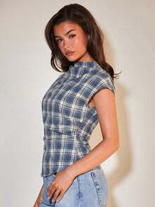 Blusa plisada con cuello para mujer, elegante para la oficina, artículo de moda versátil, adecuado para el trabajo, salidas casuales, fiestas, con estampado de cuadros marrones - Azul 2 - Ver 5