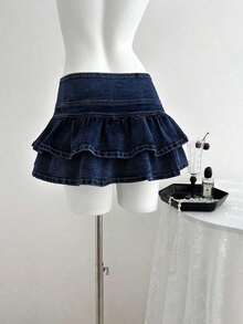 Falda de mezclilla de moda para mujer con diseño de cintura con botones y dobladillo con doble volante - Azul lavado oscuro - Ver 2