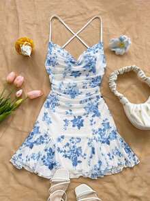 Vestido mini de mujer para vacaciones con tirantes finos, escote pronunciado, espalda descubierta, lazo, bajo estilo sirena, estilo romántico, vestido mini para pausas de té, caminatas al aire libre, citas, atuendo de playa, malla, joven y feme - Multicolor 2 - Ver 1