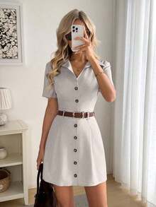 Vestido camisero de mujer de manga corta con rayas - Gris Claro - Ver 9