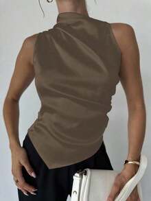 Camisa de satén con cuello plisado, sin mangas, elegante y sencilla, con dobladillo entallado, para oficina, en color beige - Marrón Mocha - Ver 2