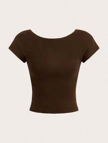 Camiseta casual de mujer de cuello de pico, manga corta y ajustada, versátil - Marrón - Ver 6