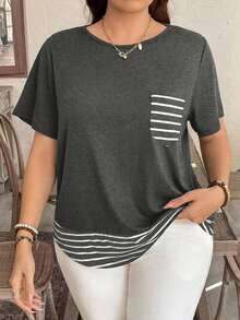 Camiseta casual de talla grande con bolsillo y rayas de contraste, prenda de vestir occidental estilo boho bohemio, top de festival de los 90, verano y primavera - Gris Oscuro - Ver 7
