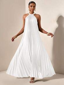 Vestido holgado de verano y primavera casual de vacaciones de cuello halter sin mangas con pliegues y bajo en A, color verde oscuro - vestido para mujer - Blanco - Ver 4