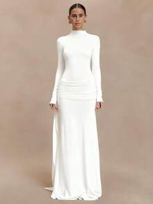 Vestido otoño-invierno cuello alto manga larga con cintas plisado ajustado estilo elegante moda europea para mujer - Blanco - Ver 8