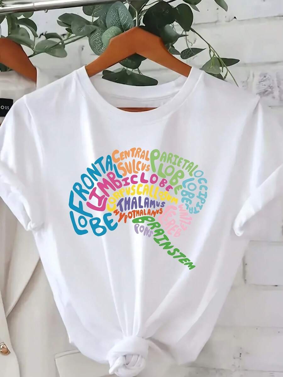 Stylish Everyday T-Shirt - Women's Psychology-Themed Graphic Tee - Soft Black T-Shirt With Neuroscience Design (Central Nervous System, Frontal Lobe) - Suitable For Psychologists, Neuroscientists, And Education Professionals - Machine Washable For Everyday Wear - Casual Crew Neck T-Shirt With Fun Text Print, Durable Construction, Short Sleeves, A Must-Have For Science Enthusiasts - Chic And Fashionable T-Shirt - 白色 - 查看 1