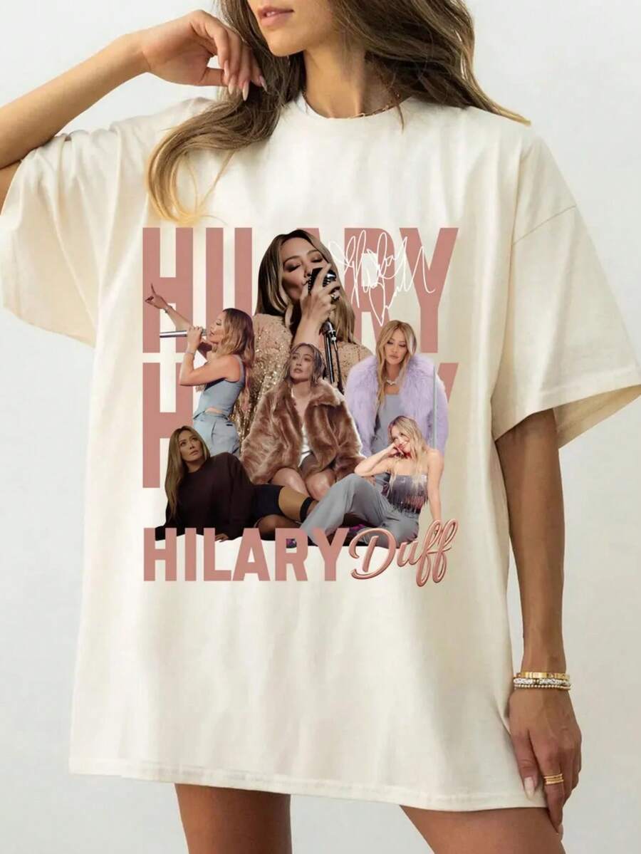 HilaryDuff Graphic Shirt, 90s Bootleg Music Tee, Star Retro Apparel, Vintage Wash Merch, Pop Artist Gift. Women's Fashionable Casual T-Shirt With Creative Print, Short Sleeve, Crew Neck, For Spring And Summer - Festive Celebration Shirt, Party Wear Top - 彩色 - 查看 1