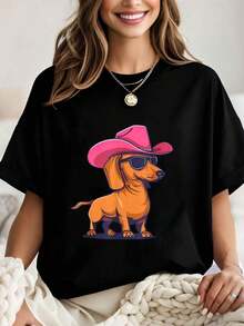 Summer Pink Dachshund T-Shirt With Cowboy Hat, Graphic Tee For Women, Crop Tops, Sets, Art Tees Fashion All-Match Women's Short Sleeve T-Shirt, Basic Style For Inner & Outer Wear - 黑色 - 查看 8