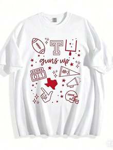 Camiseta de algodón 100% con diseño estampado informal para mujer, estampado gráfico 2D con temática de fútbol americano, camiseta blanca con motivos rojos de Texas Tech, incluyendo portería de fútbol, casco y adorno colgante acrílico con forma de mano para el día del partido y eventos de pre-partido, regalo navideño para aficionados al deporte, tops de verano, atuendos diarios para mujer, adecuada para primavera, verano y otoño. - Blanco - Ver 7