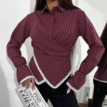 A Sophisticated Coffee, Apricot, Blue, Red, Pink Or White Striped Long-Sleeve Shirt With A Flattering Waist-Cinching Cut And A Unique Cross-Front Design – Elevating Casual Elegance For Evening Parties, Work-From-Home Lounging & Everyday Chic. Elitara Dresses Elitara - 赤紅 - 查看 1
