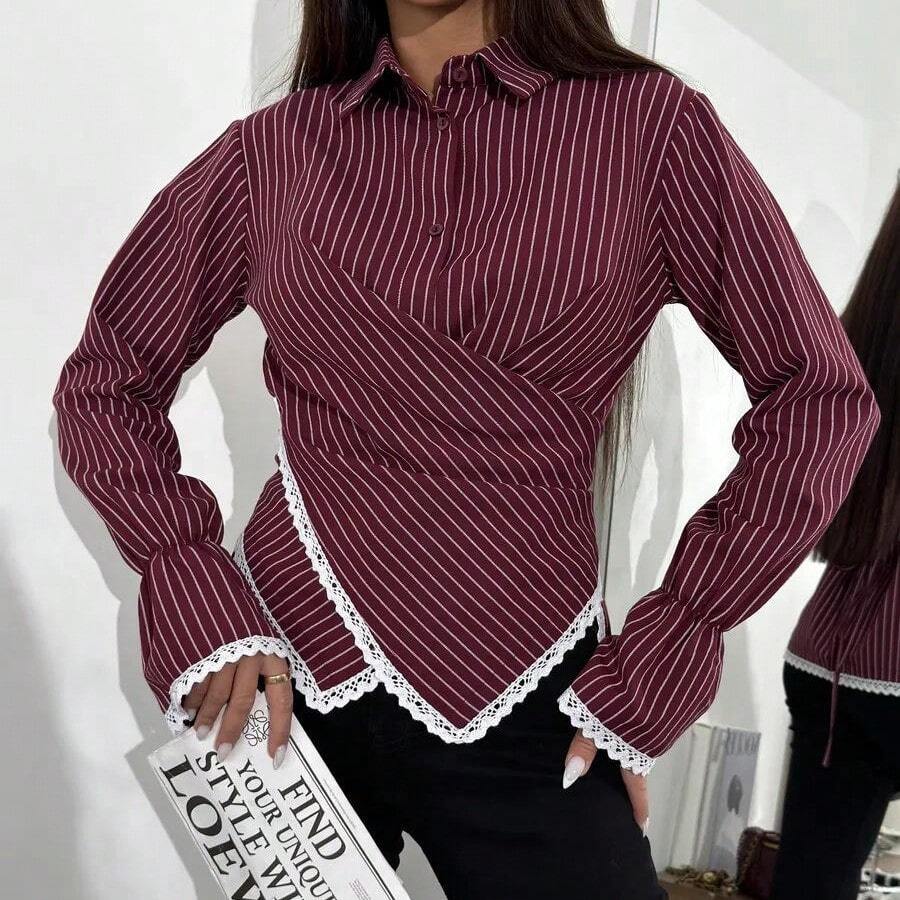 A Sophisticated Coffee, Apricot, Blue, Red, Pink Or White Striped Long-Sleeve Shirt With A Flattering Waist-Cinching Cut And A Unique Cross-Front Design – Elevating Casual Elegance For Evening Parties, Work-From-Home Lounging & Everyday Chic. Elitara Dresses Elitara - 赤紅 - 查看 1