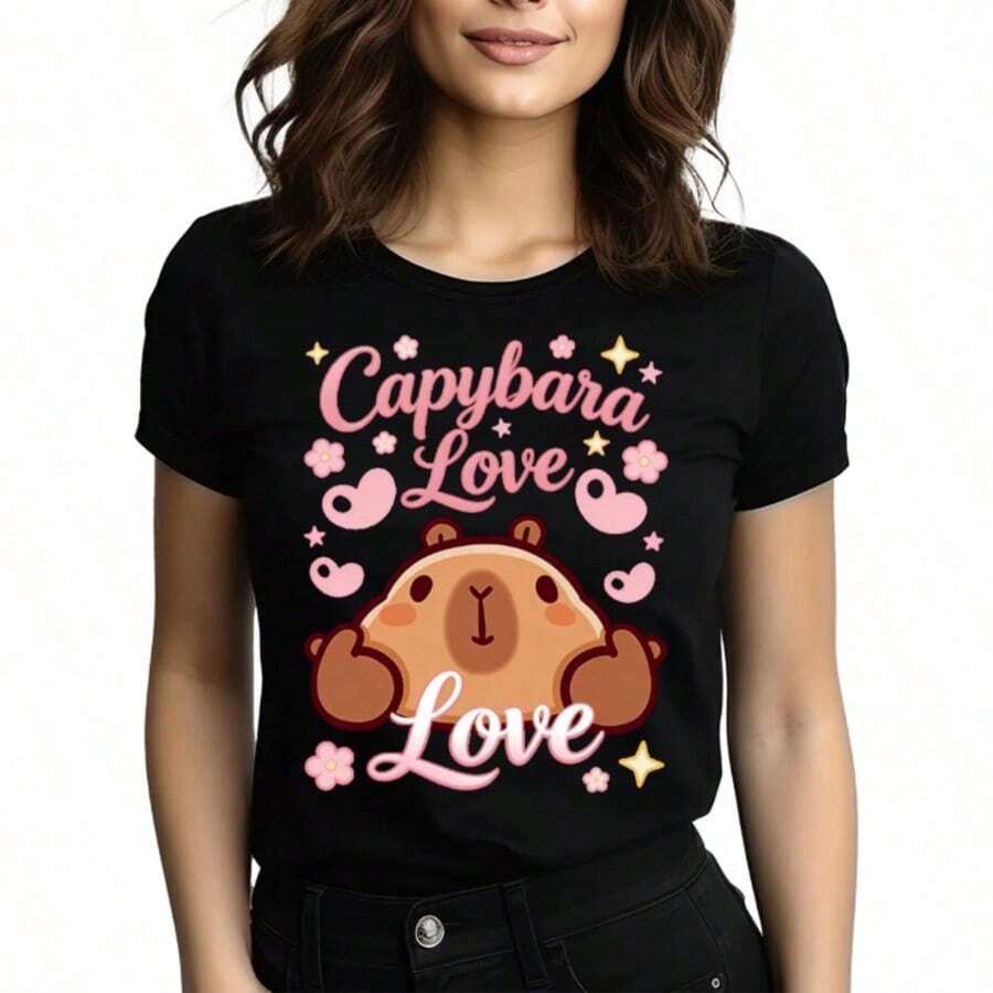 Tops para mujer de Algodón con Estampado de Capibara para Mujer, Manga Corta, Cuello Redondo, Estilo Casual - Negro - Ver 1