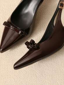 Women's Retro Brown Patent Leather Pointed Toe Backstrap High Heel Shoes, Classic Bow Design, Versatile & Comfortable Low Kitten Heel Closed-Toe Sandals For Work, Daily, Party, Plus Size - Brown - View 9