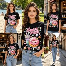 Tops para mujer holgada con estampado gráfico lindo para niñas - Estampado frontal de adorables donuts deé de la tarde y letras, top casual de estilo callejero para la vuelta al cole. - Negro - Ver 11