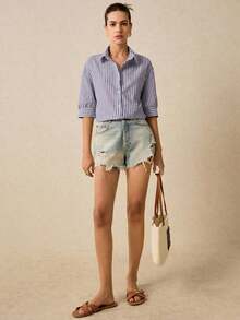 de hombros caídos con estampado de rayas, blusas de verano para vacaciones - Azul y blanco - Ver 6