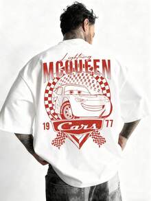 Men's Disney Cars Lightning McQueen Tee, Retro Racing Print, Loose & Comfortable, Casual Streetwear. - 白色 - 查看 1