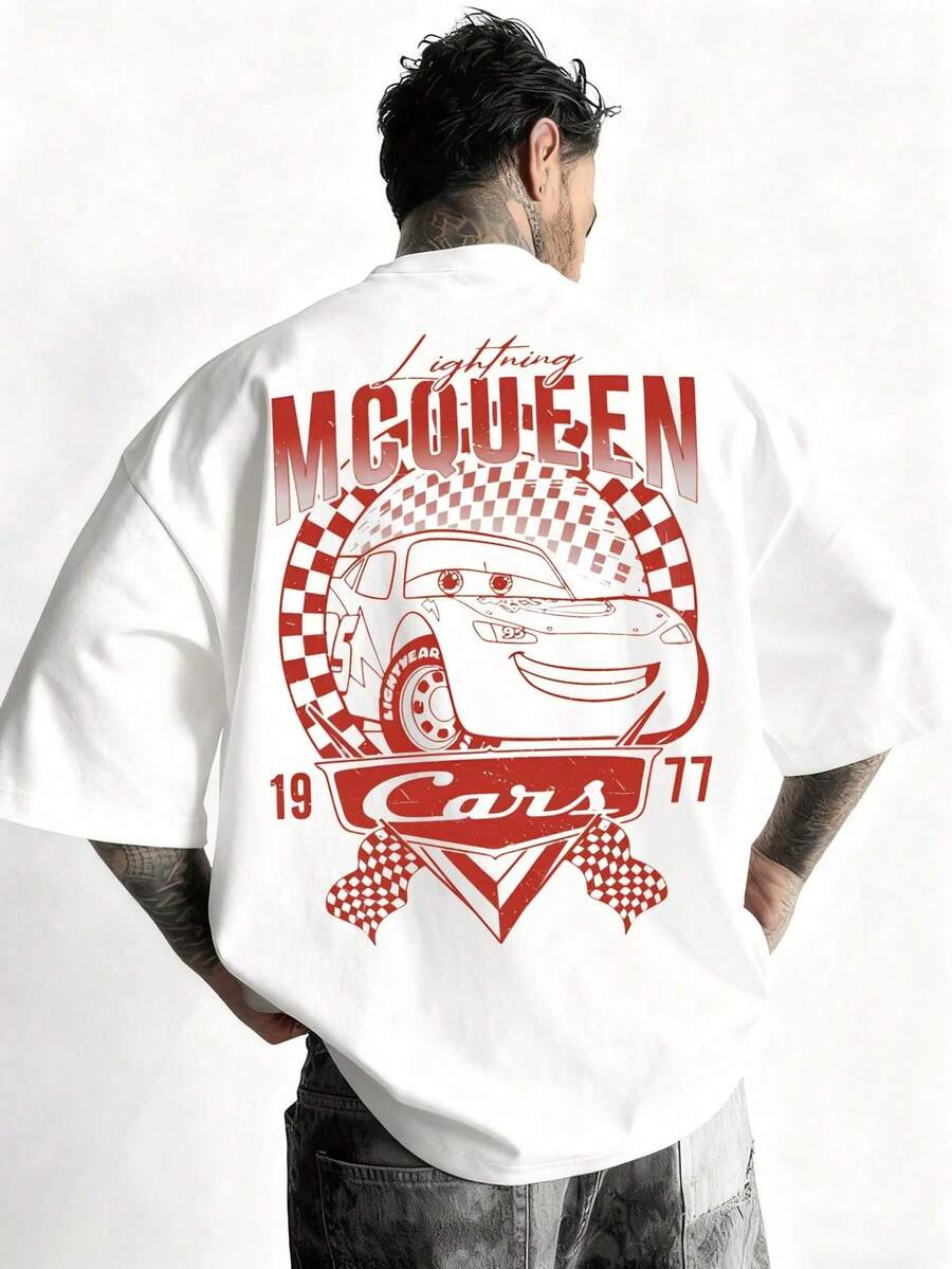 Men's Disney Cars Lightning McQueen Tee, Retro Racing Print, Loose & Comfortable, Casual Streetwear. - 白色 - 查看 1