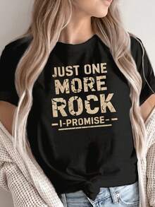 Women's Casual Crew Neck T-Shirt, 100% Polyester Fabric, Regular Length, With Geometric Rock Typography Design, For All Seasons, Everyday Fashion | Crew Neck T-Shirt | Comfortable Fit Suitable For Spring, Summer And Autumn - 黑色 - 查看 1