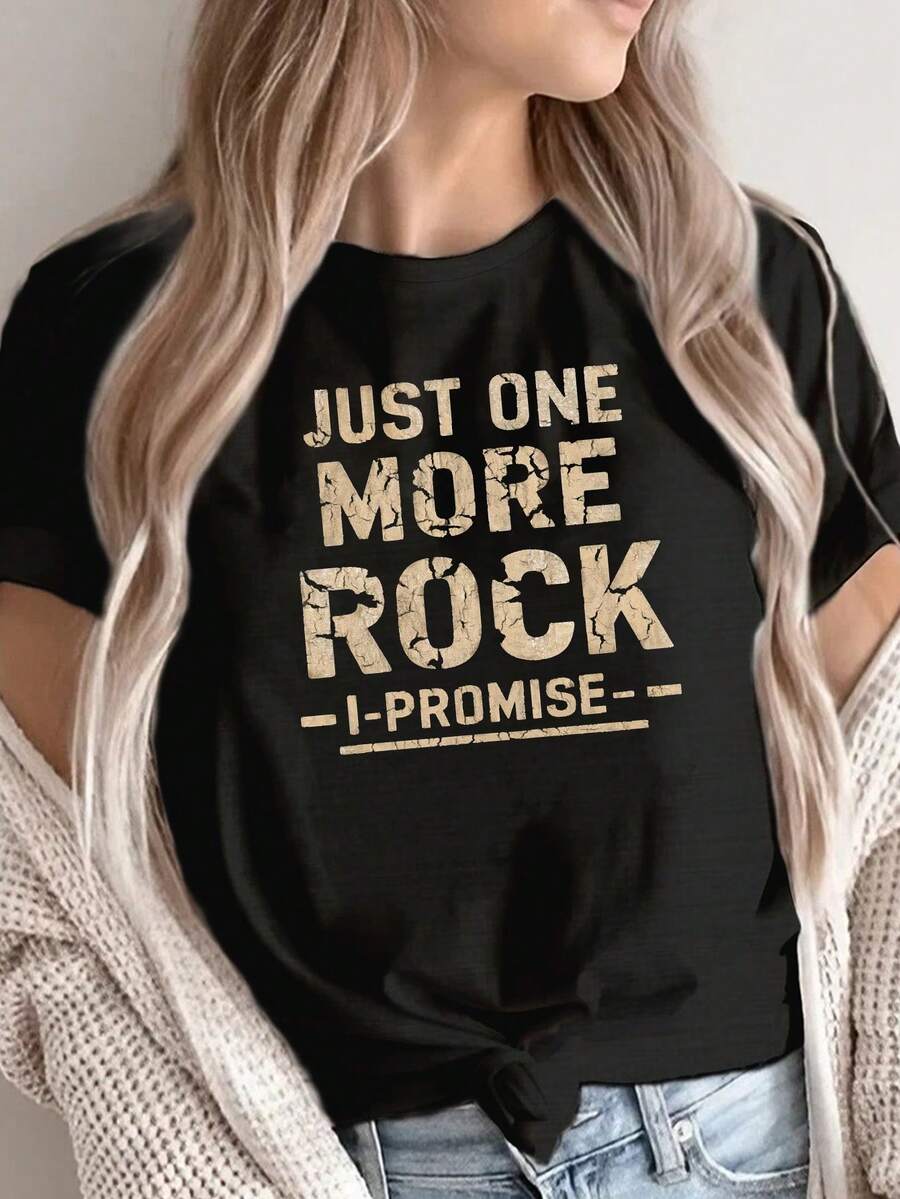 Women's Casual Crew Neck T-Shirt, 100% Polyester Fabric, Regular Length, With Geometric Rock Typography Design, For All Seasons, Everyday Fashion | Crew Neck T-Shirt | Comfortable Fit Suitable For Spring, Summer And Autumn - 黑色 - 查看 1