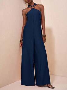 Mono de pierna ancha de unicolor y redondo conectado de moda para mujer - Azul marino - Ver 12