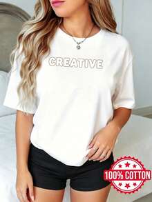 Women's Short Sleeve T-Shirt With Round Neck And Print, Summer, Casual Creative Print On White T-Shirt S-3XL 100% Cotton Material - 白色 - 查看 1