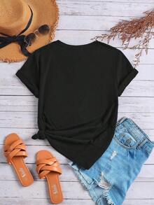 LUNE Camiseta Casual Minimalista con Estampado Gráfico de Calaveras y Flores, Cuello Redondo, Manga Corta, Ajustada para Mujer. Camiseta holgada, casual y versátil, estilo Y2k. - Negro - Ver 2