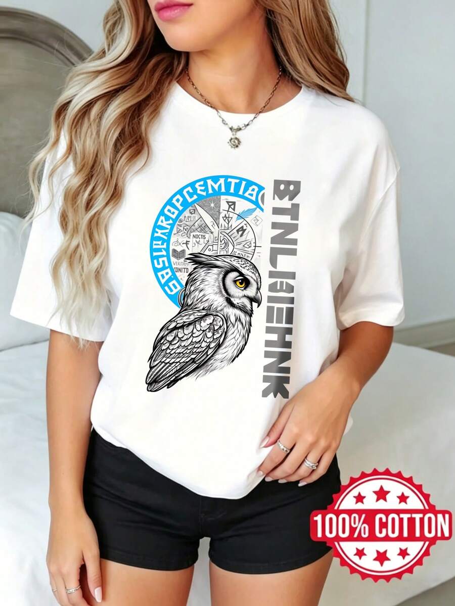 Camiseta de manga corta con cuello redondo y estampado para mujer, verano, estilo casual Diseño de búho y brújula con patrón de texto S-3XL 100% aodón