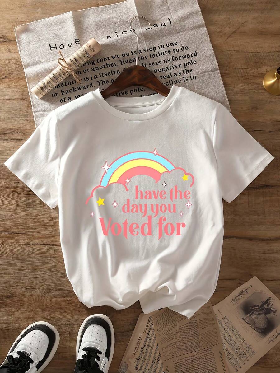 Camiseta estampada con temática del Día de las Elecciones, top casual de manga corta y cuello redondo, ropa de mujer para primavera/verano - Tela ligera y suave - Blanco - Ver 1