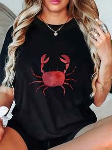 ropa de mujer Camisetas de algodón con cuello redondo y estampado gráfico para mujer, estampado de cangrejo rojo en la camiseta, camisetas casuales de manga corta de gran tamaño, camisetas unisex, camisetas de moda de primavera y verano para mujer, camisas de mujer - Negro - Ver 6