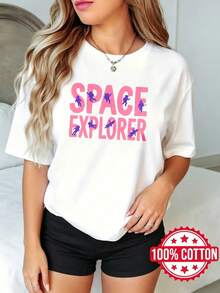Camiseta de manga corta con cuello redondo y estampado, para mujer, verano, casual Exradores Espaciales Astronautas Impresión S-3XL 100% aodón material - Blanco - Ver 2