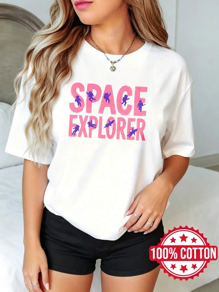 Camiseta de manga corta con cuello redondo y estampado, para mujer, verano, casual Exradores Espaciales Astronautas Impresión S-3XL 100% aodón material