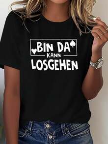 Talla, camiseta de mujer de talla con estampado gráfico BIN DA KANN LOSGEHEN, manga corta, cuello redondo, top casual para verano y primavera, ropa de mujer - Negro - Ver 6
