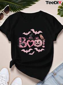 Women's Plus Size Halloween Boo Short Sleeve Sports T-Shirt, Women's Blouses, Women's Summer Graphic T-Shirts, Women's Casual Printed T-Shirt, Short Sleeve And Round Neck, Spring/Summer Local Urban Fashion. - 白色 - 查看 7