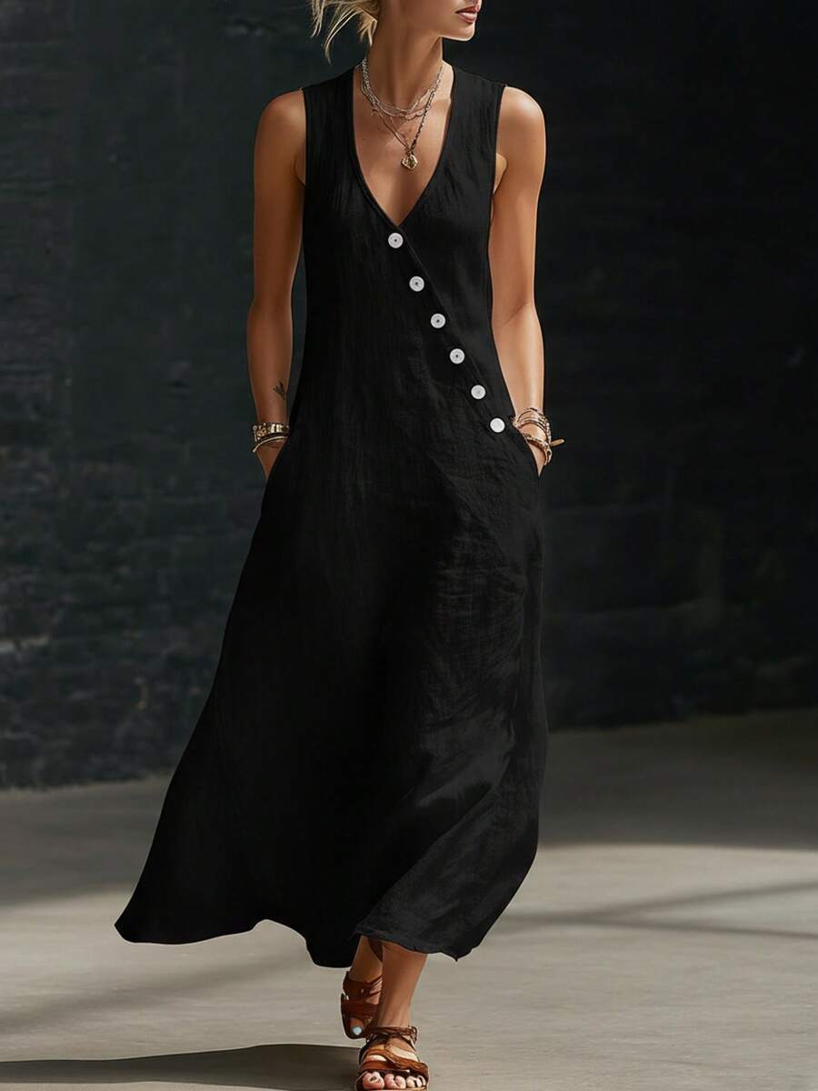 New 2026 Women's Summer Tank Dress Solid Color V-Neck Buttoned Sleeveless - Hitam - View 1