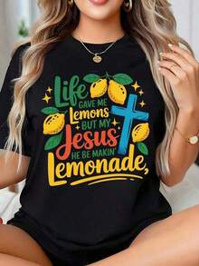 PremiumLife Me dio limones, pero mi Jesús está haciendo limonada - Camiseta de fe cristiana para mujer con diseño cítrico, para adoración o uso diario, de algodón puro y ecológica. - Negro - Ver 7