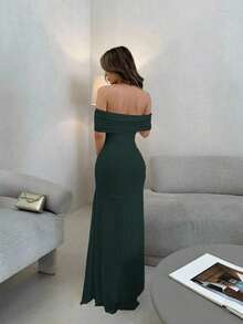 Vestido de mujer con escote ilusión descubierto de hombros y cintura fruncida, elegante para bodas y citas - Verde Oscuro - Ver 2