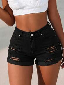 Women's Sexy Distressed Stretch Fitted Straight Leg Denim Shorts, Summer - Black - View 4