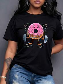 Rosquilla rosa con chispas de colores levanta pesas con determinación simbolizando el humor del fitness y el dulce placer una fuerza única. Camiseta de mujer% algodón gym divertida entrenamiento casual regalo-Vintage Street Style Unisex Loose Cotton Short Sleeve Crew Neck-Shirt - Negro - Ver 7