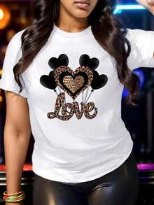 Women's Pure Cotton T-Shirt 002 - Comfortable And Versatile Everyday T-Shirt - Short-Sleeved T-Shirt With An Attractive Leopard Heart Design And Black Balloons With The Word "Amor" (Love), Perfect For Expressing Your Feelings And Standing Out On Any Occasion. Women's Going-Out T-Shirts. - 白色 - 查看 7